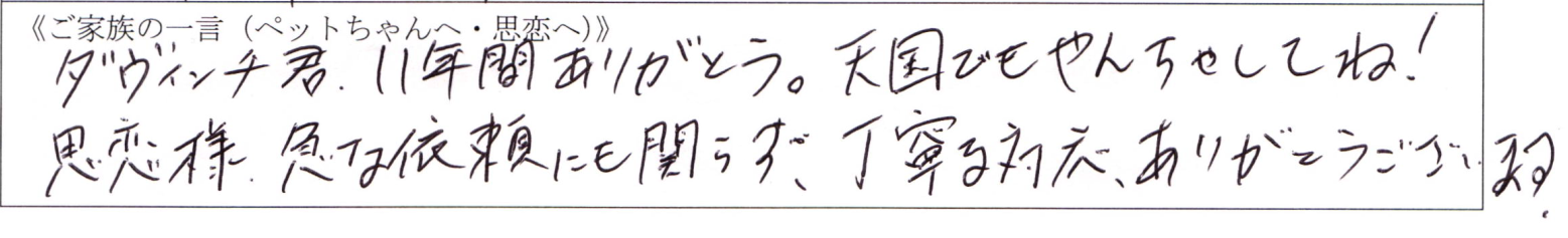 ダヴィンチ君、11年間ありがとう。天国でもやんちゃしてね！思恋様、急な依頼にも関わらず、丁寧な対応、ありがとうございます。
