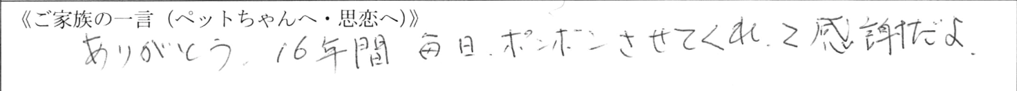 ありがとう。16年間毎日ポンポンさせてくれて感謝だよ。