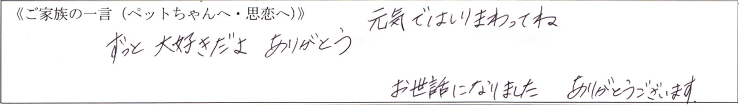 元気ではしりまわってね。ずっと大好きだよ、ありがとう。お世話になりました、ありがとうございます。