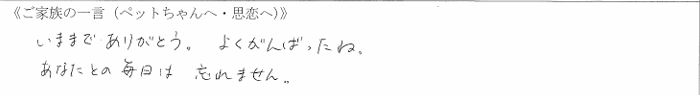 いままでありがとう。よくがんばったね。あなたとの毎日は忘れません。
